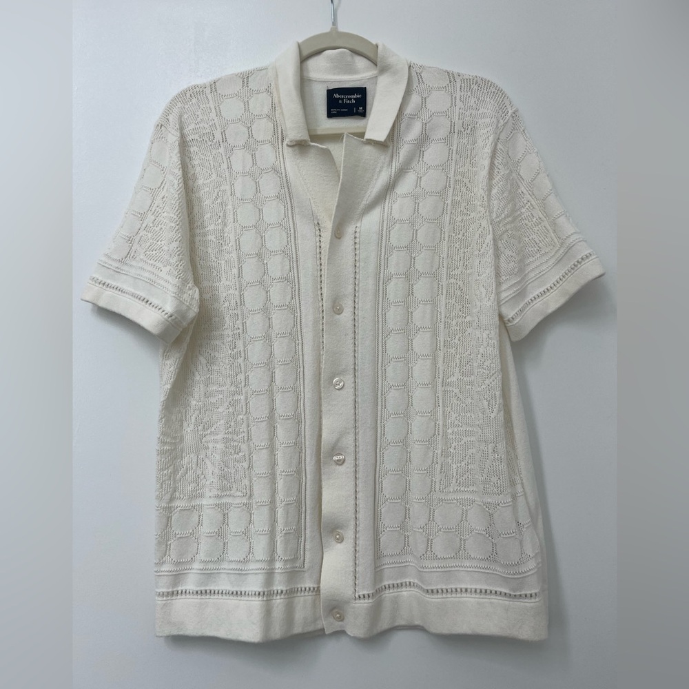 A&F Cream Short Sleeve Knit Collared Button Up